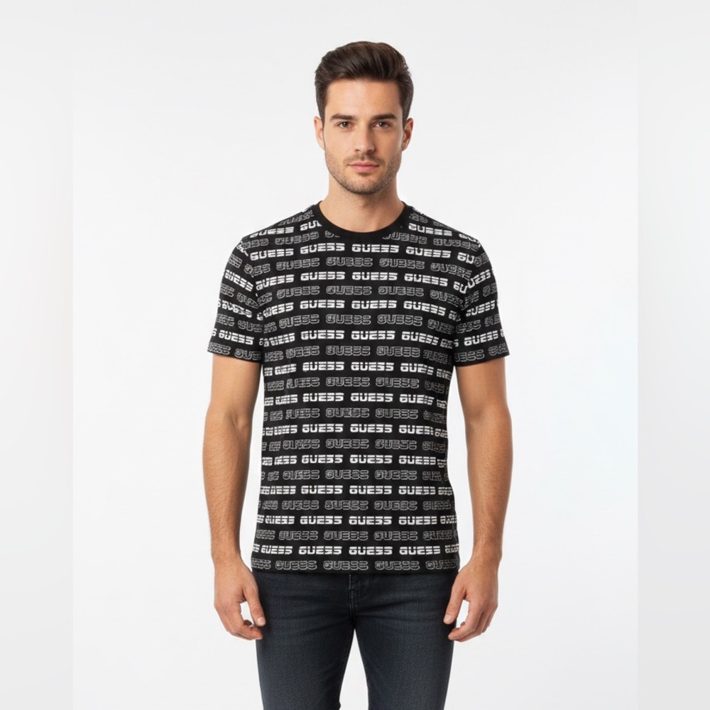 Men’s Guess Allover Logo T-Shirt Black/White Size Medium Monochrome NWOT